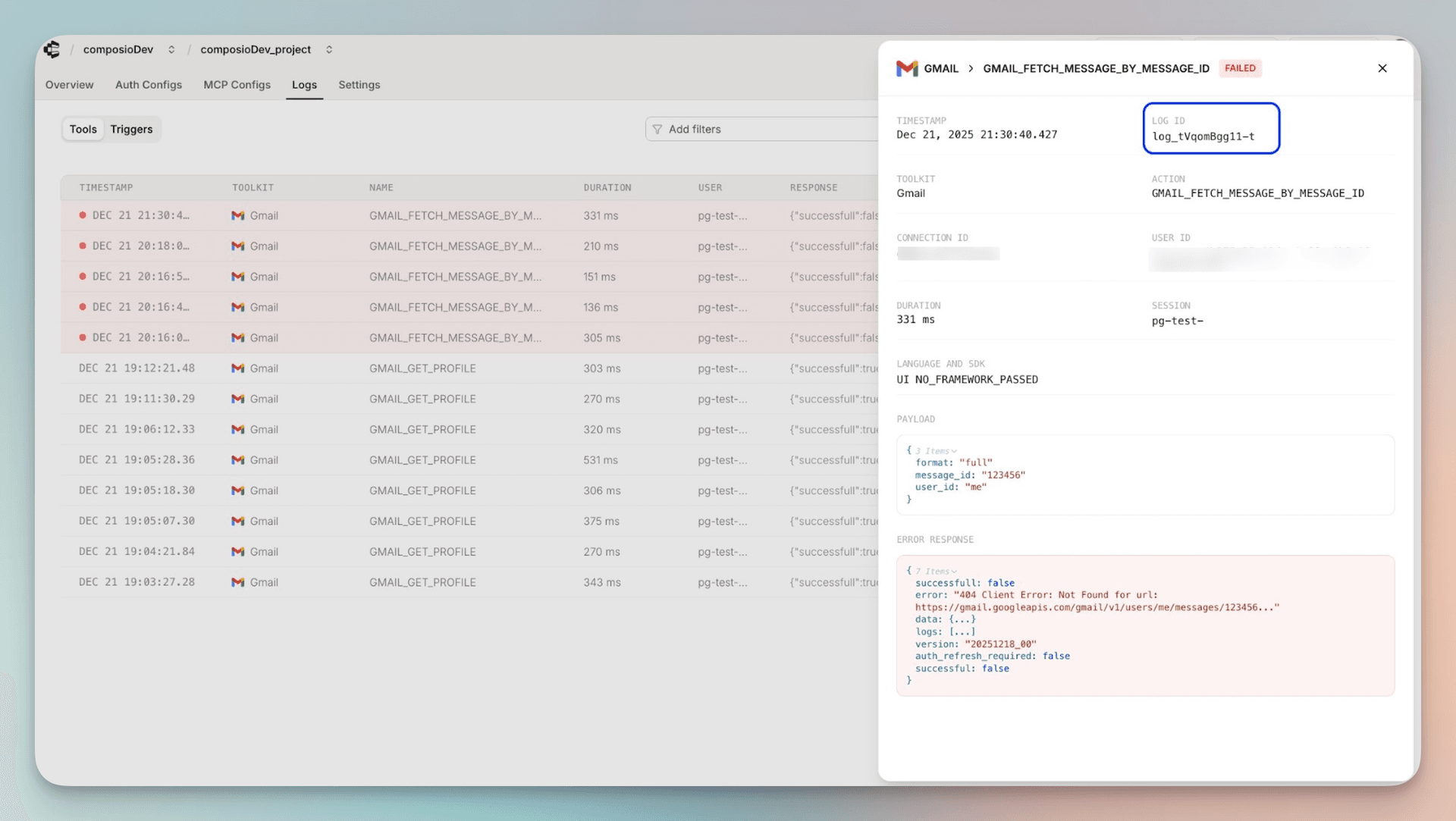 Example tool execution log showing log_id in the Composio dashboard